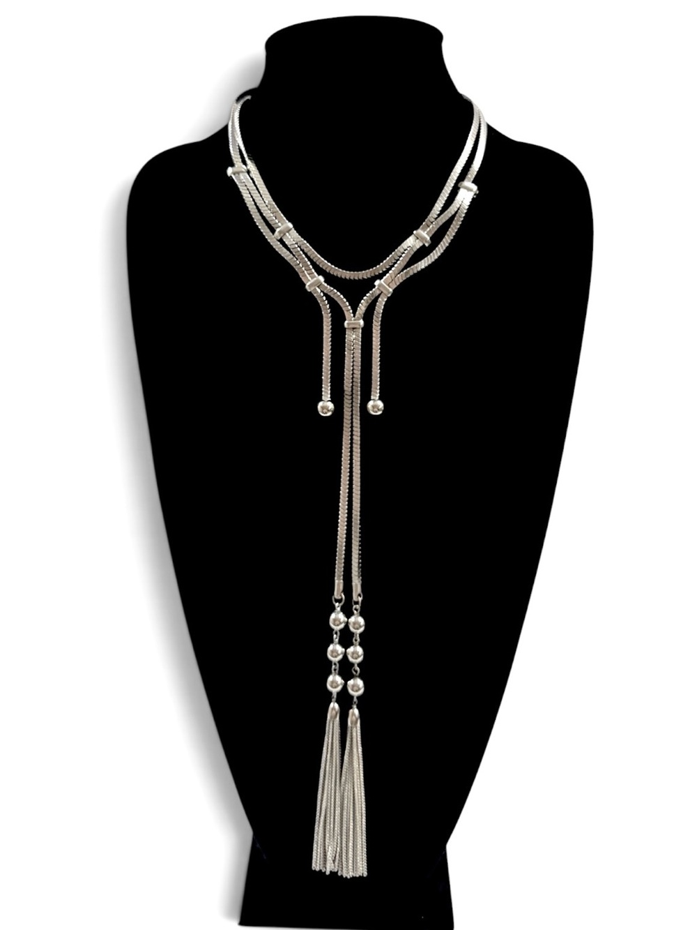 Chico’s Silver Layered Lariat Tassel Necklace 36” New - Picture 4 of 6